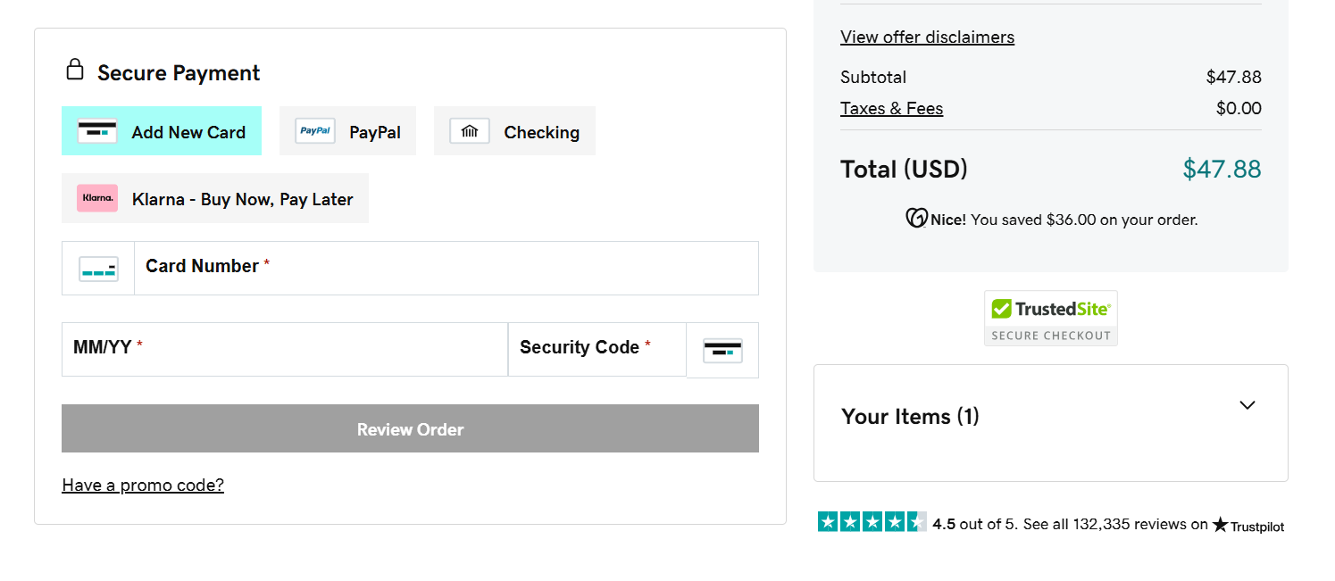 screenshot of GoDaddy Payment methods