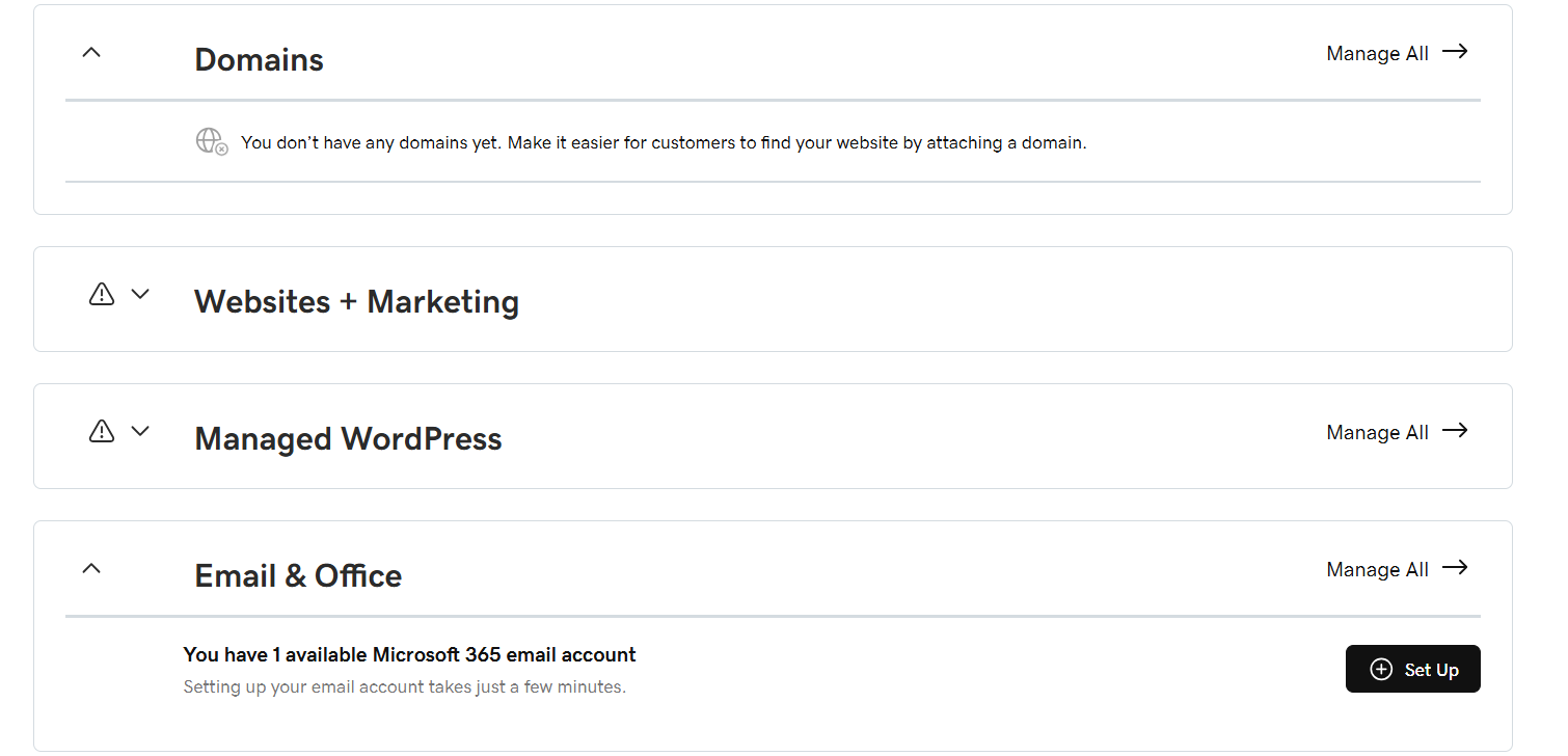 screenshot of GoDaddy Dashboard