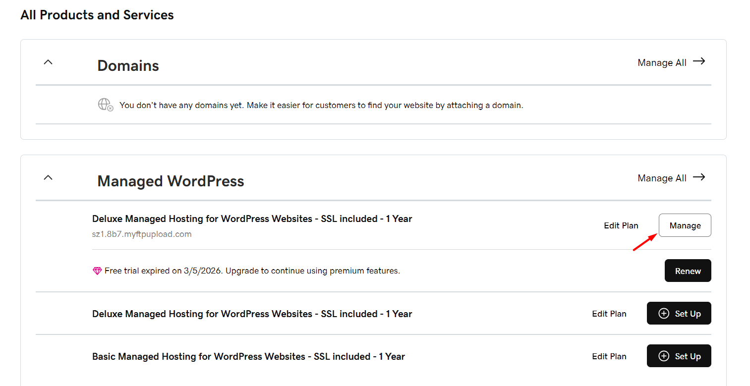 screenshot of GoDaddy Managed WordPress option with the 'Manage' button highlighted
