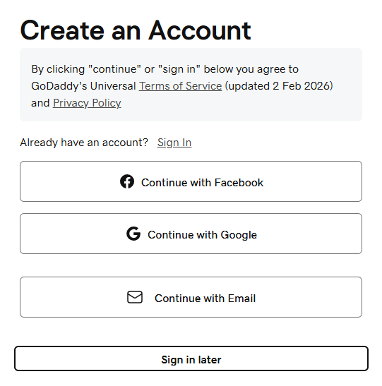 Page du panier GoDaddy invitant les utilisateurs à créer un compte ou à se connecter