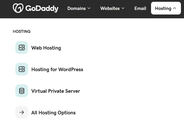 Menú desplegable de Hosting de GoDaddy con Web Hosting seleccionado