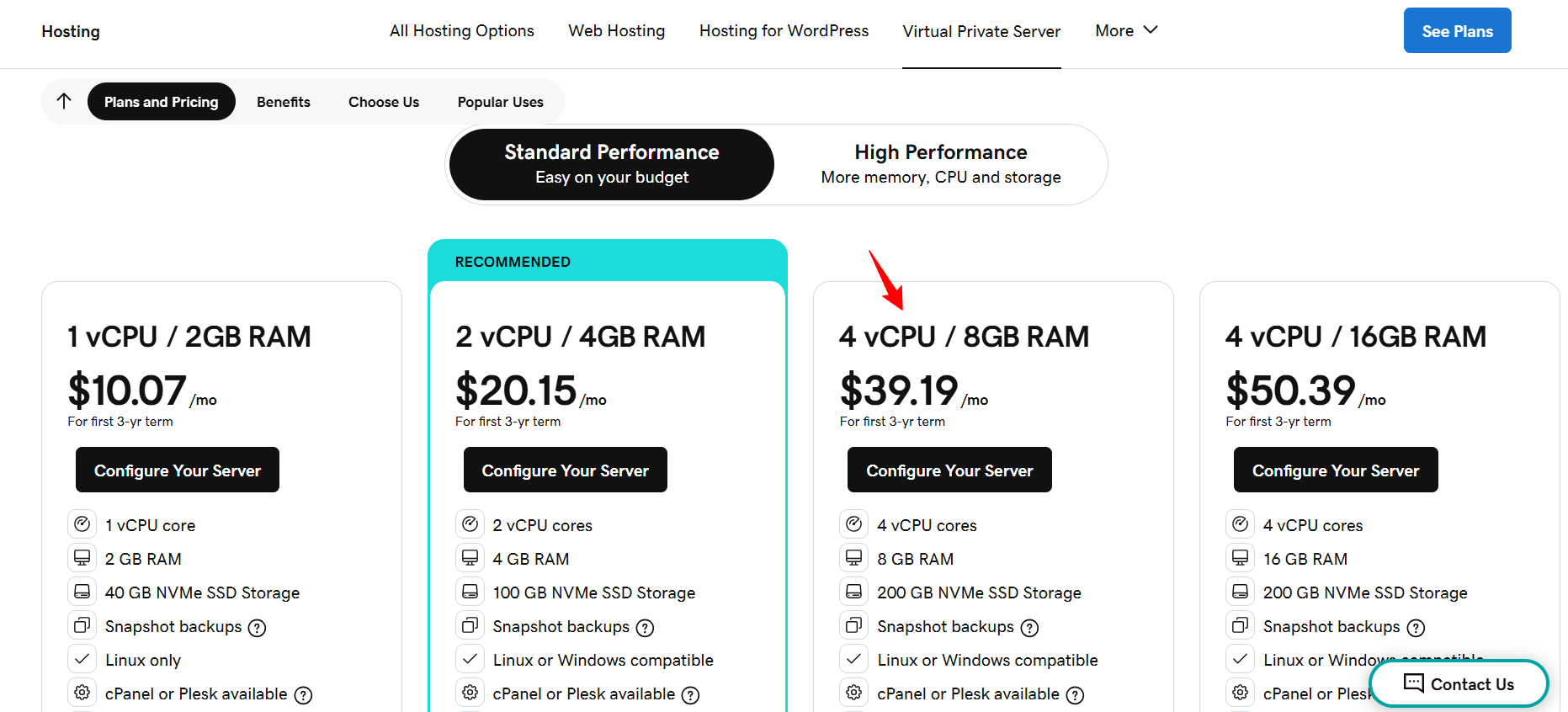 screenshot of Godaddy VPS Hosting Plans