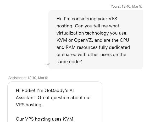 screenshot of GoDaddy Live Chat conversation 