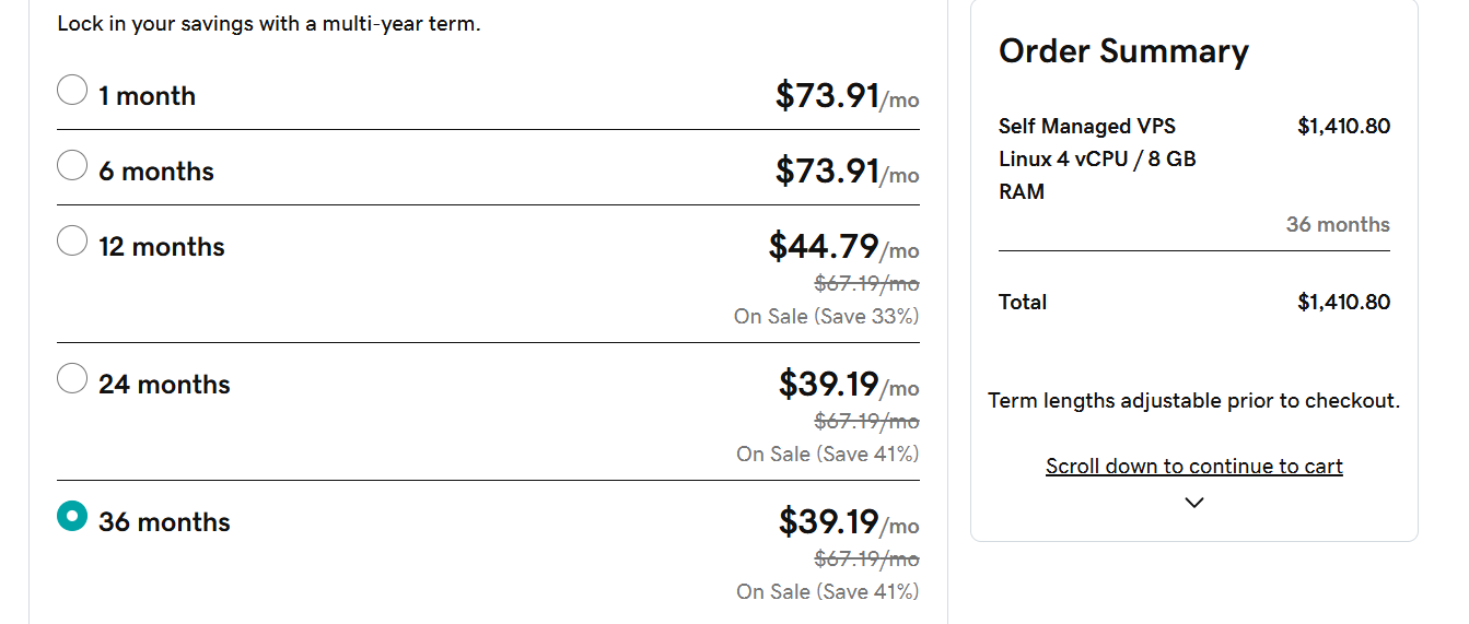 screenshot of Billing terms