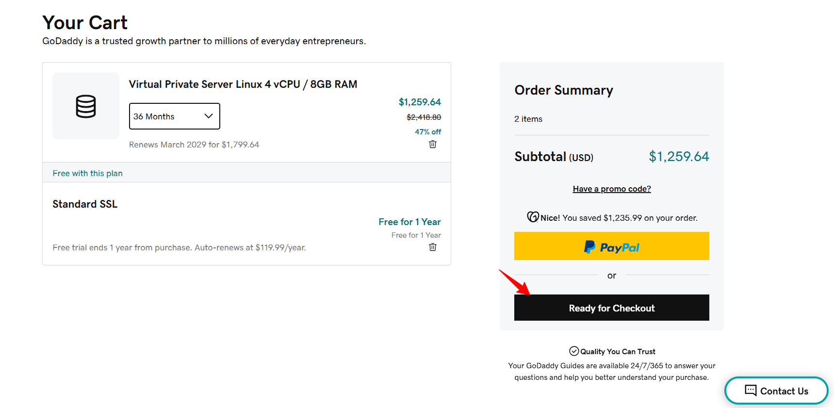 screenshot of GoDaddy Cart