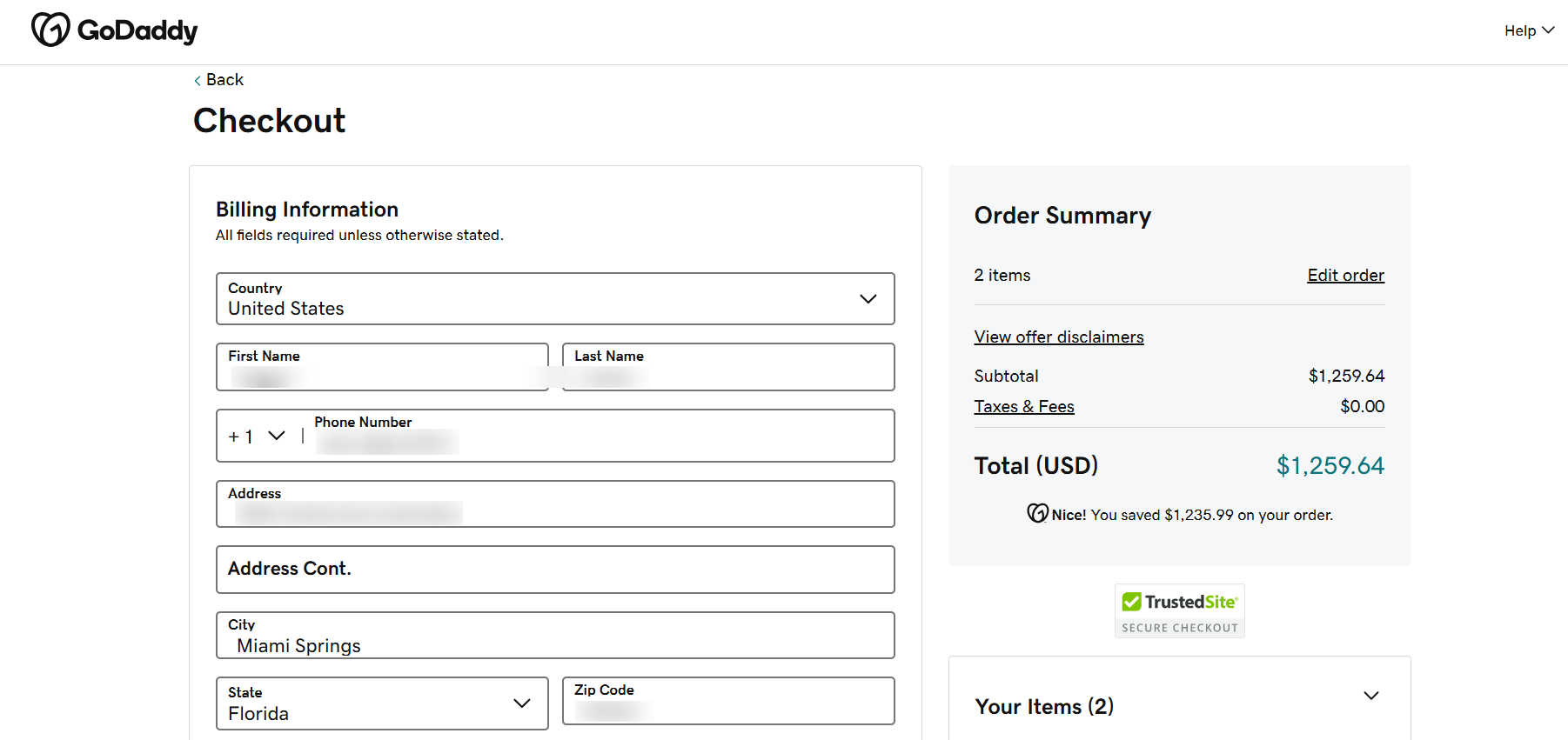 screenshot of GoDaddy Checkout