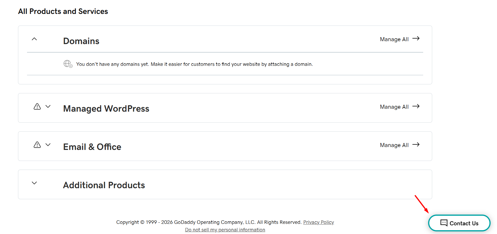 screenshot of GoDaddy dashboard 'Contact Us' button