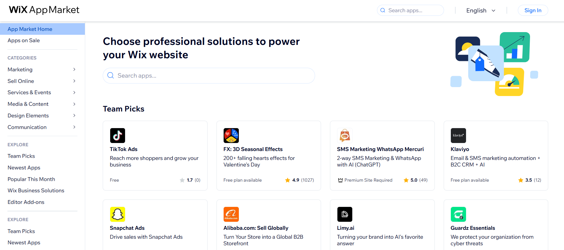 screenshot of Wix AppMarket