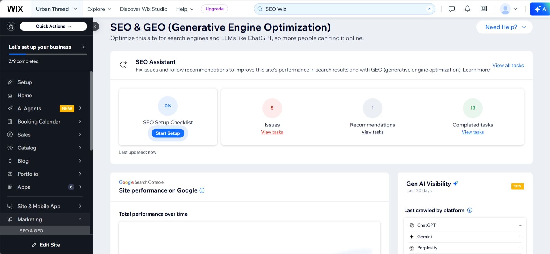 screenshot of Wix dashboard 'SEO & GEO' page