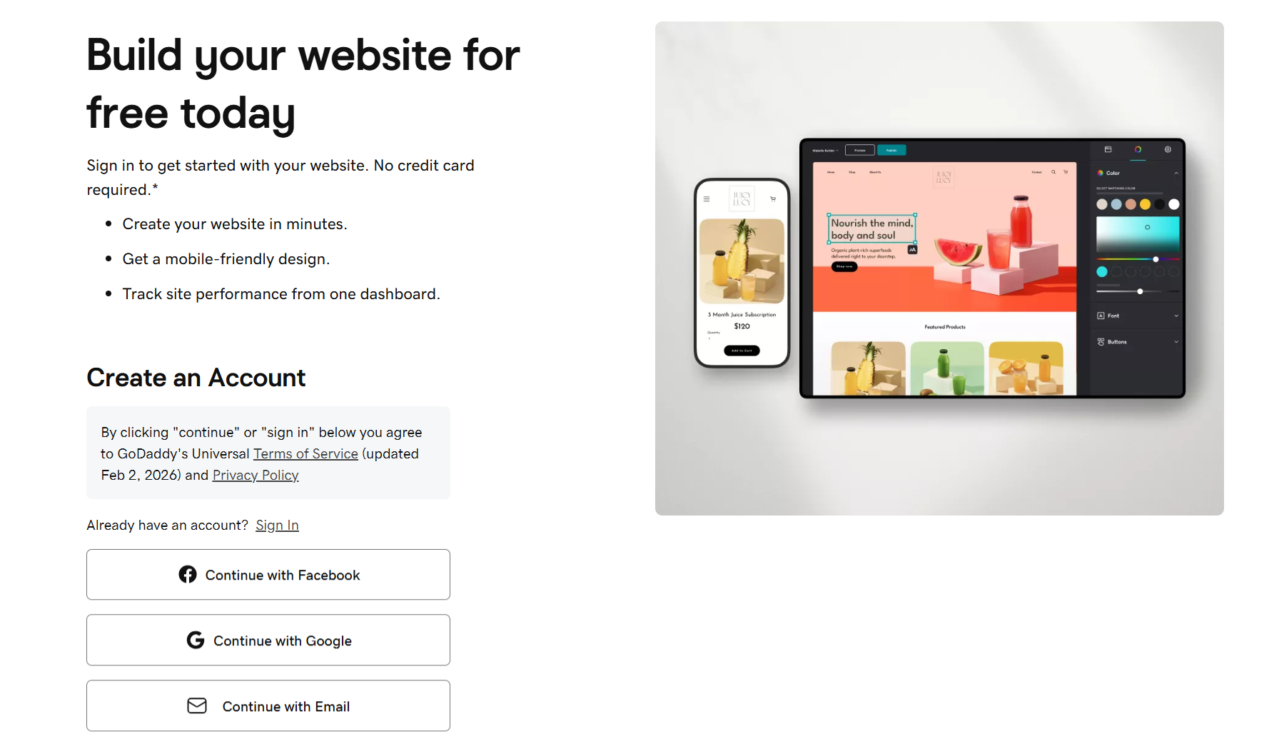 screenshot of GoDaddy Sign Up page