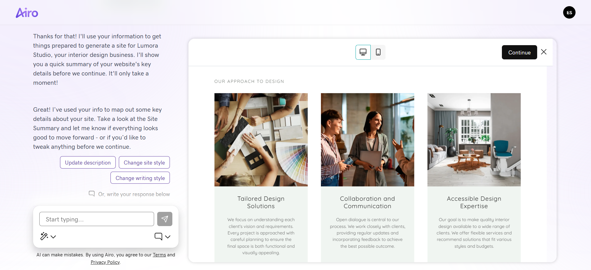 screenshot of builded site preview