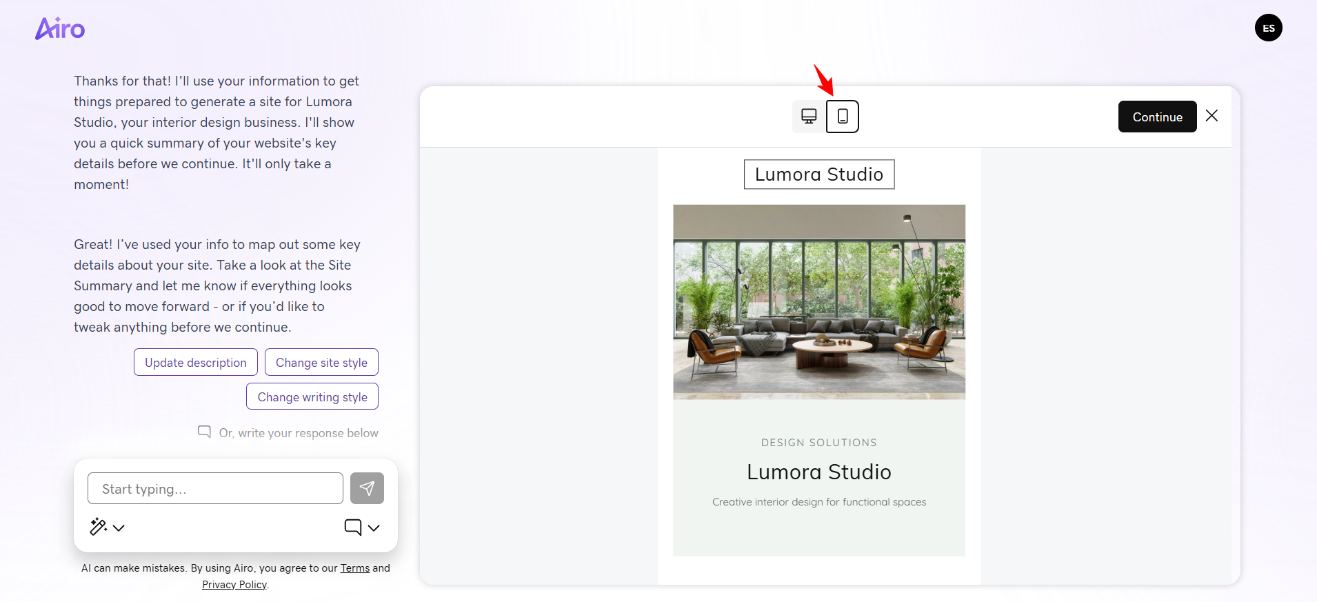 screenshot of mobile view button