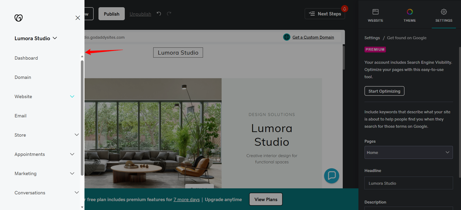 screenshot of Lumora Studio left side-bar