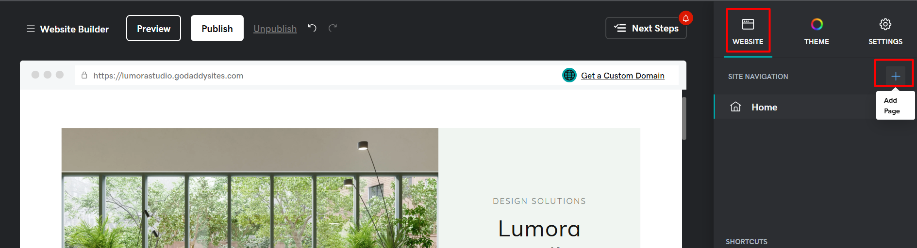 screenshot of button to add new pages