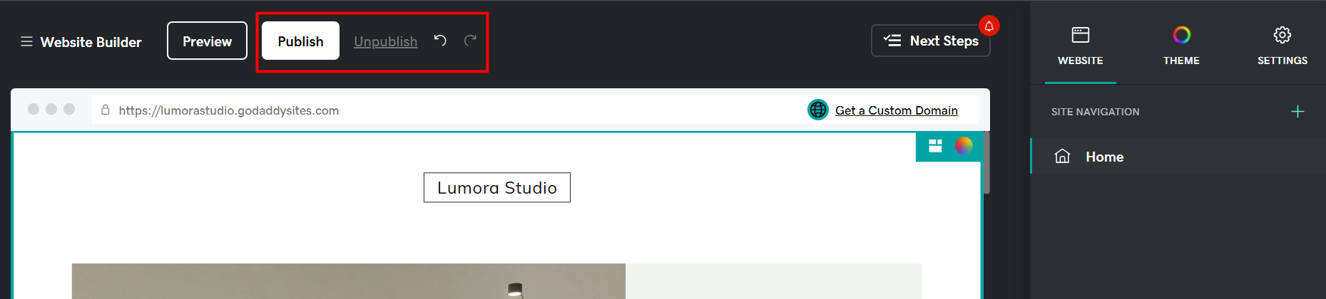screenshot of Publish/Unpublish toggle