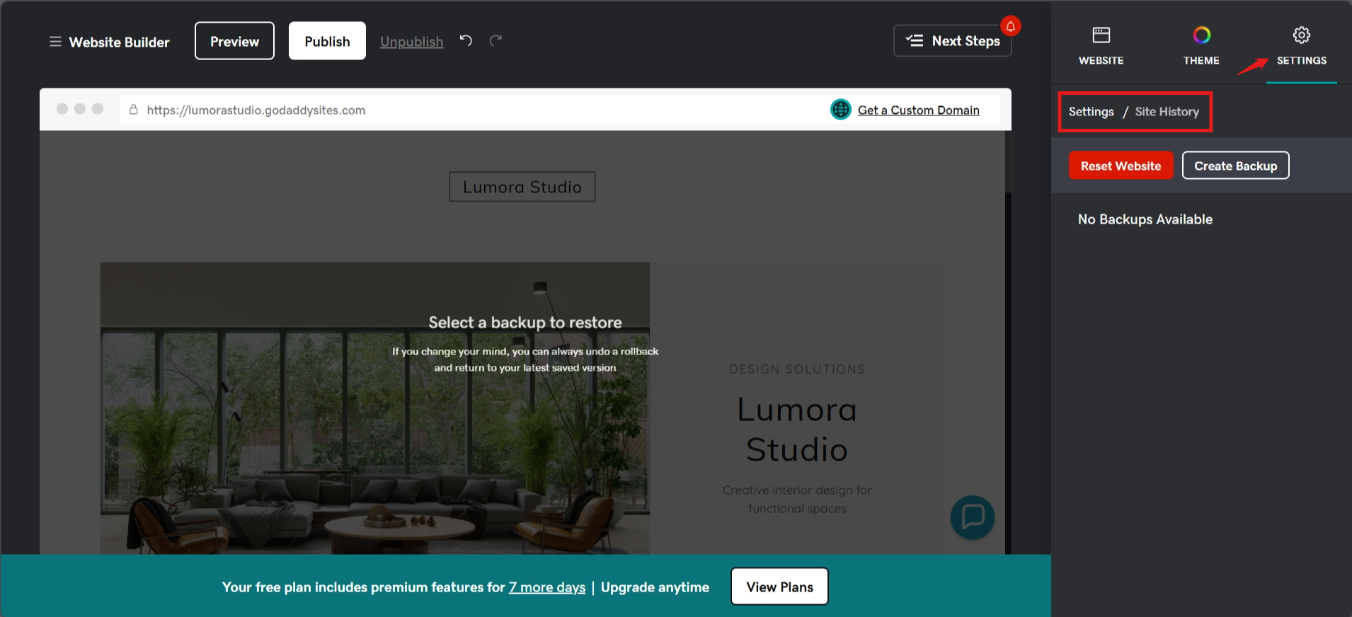 screenshot of generated website settings