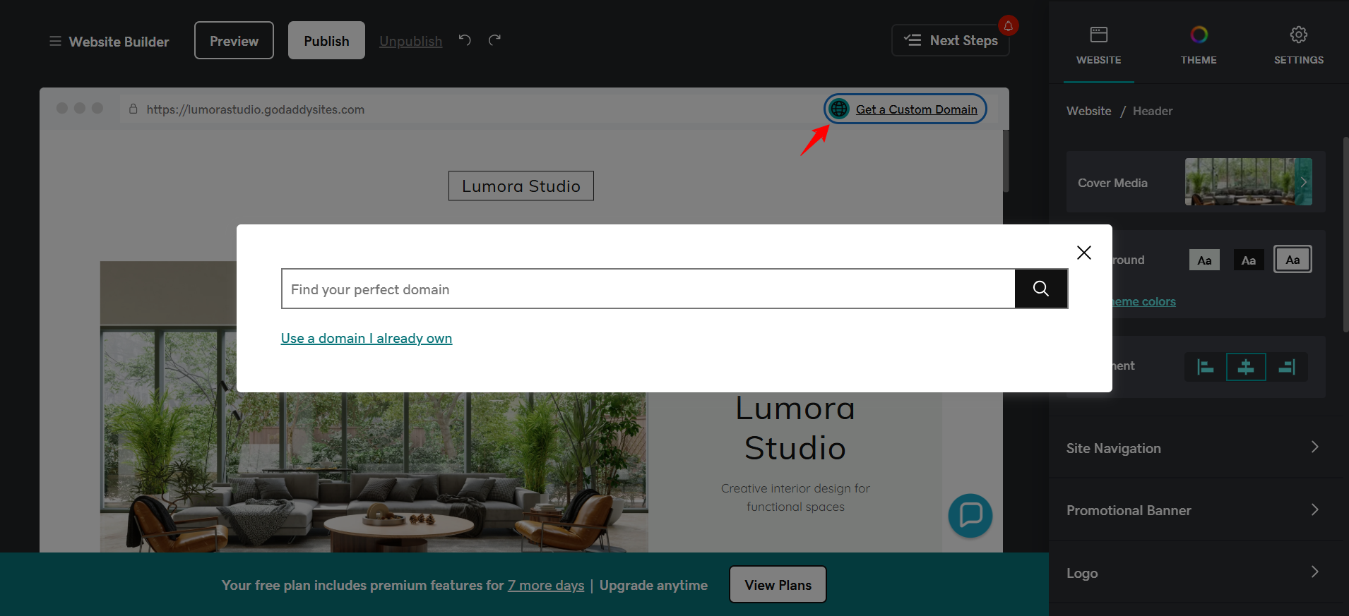 screenshot of domain menu