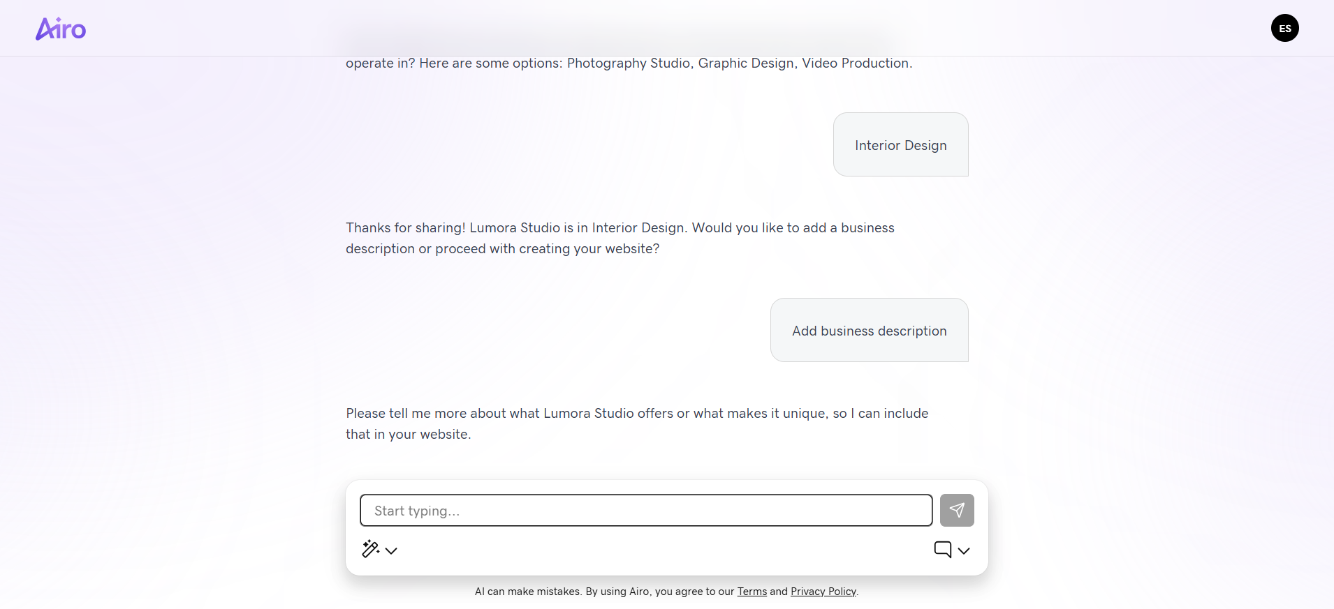 screenshot of GoDaddy Airo Website Builder