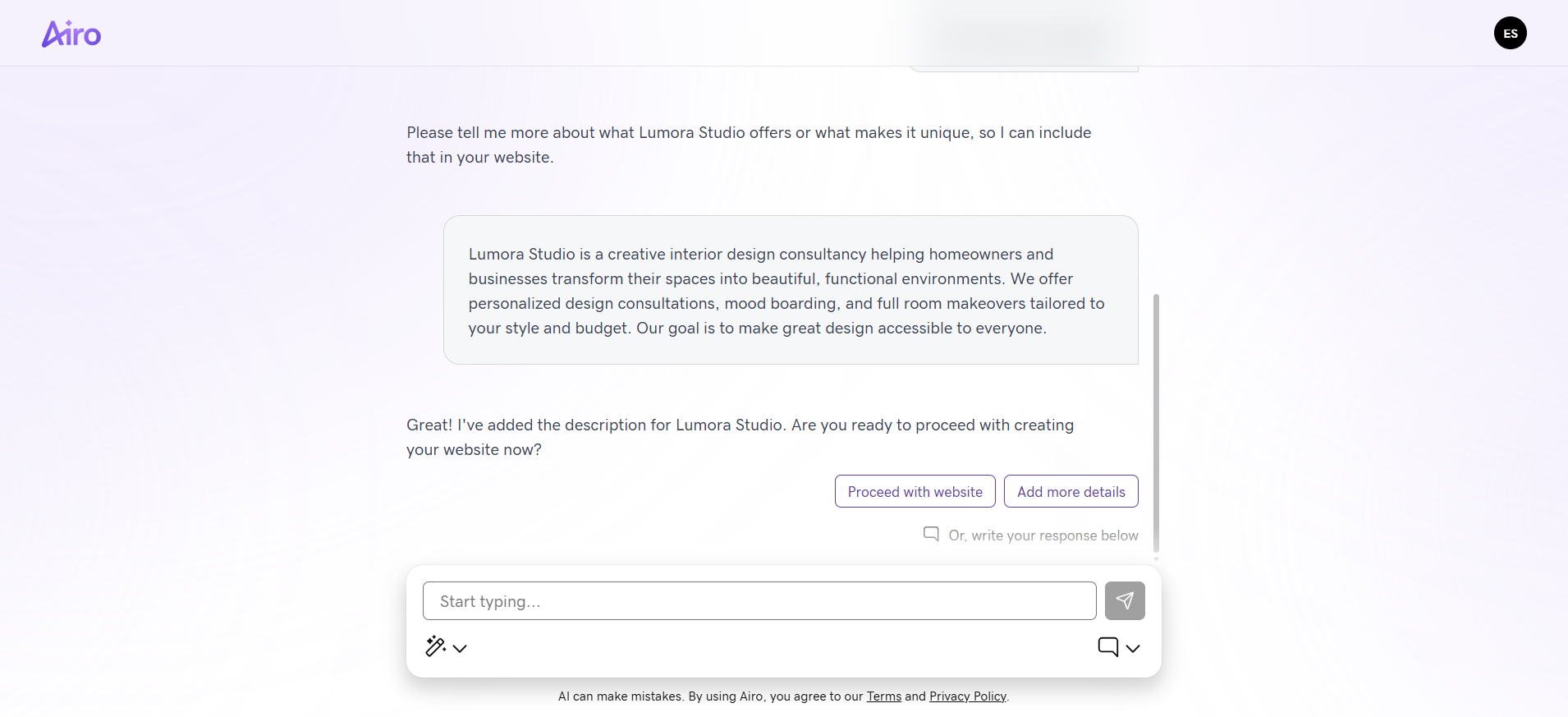 screenshot of GoDaddy Airo Website Builder