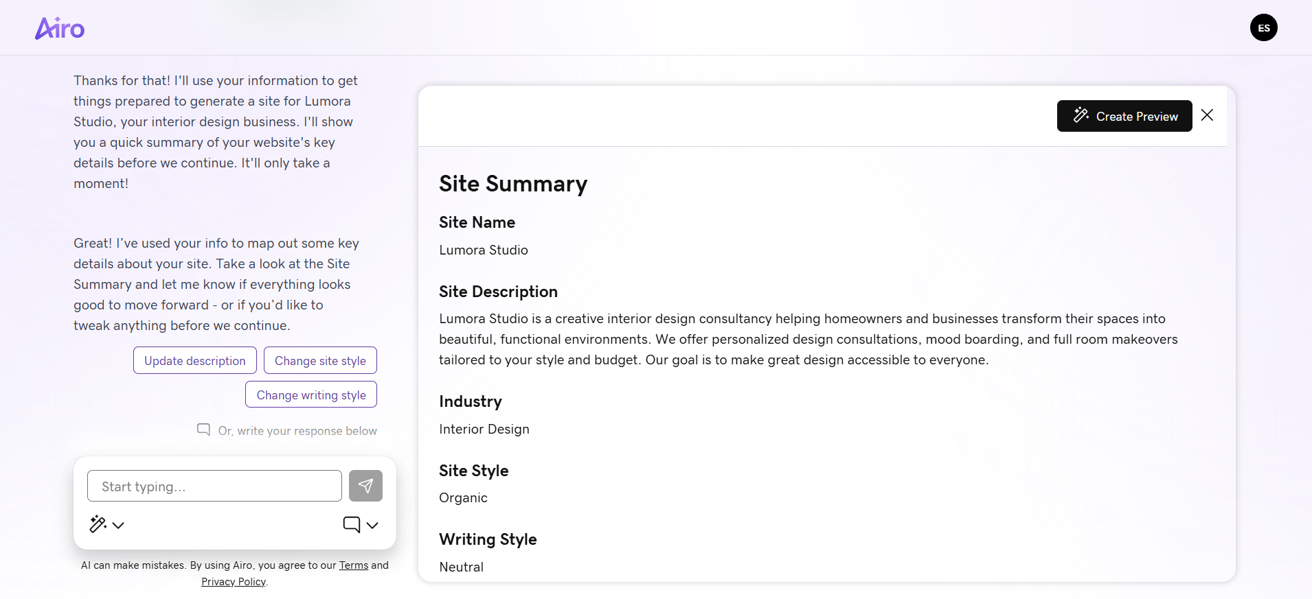 screenshot of GoDaddy Airo Site Summary