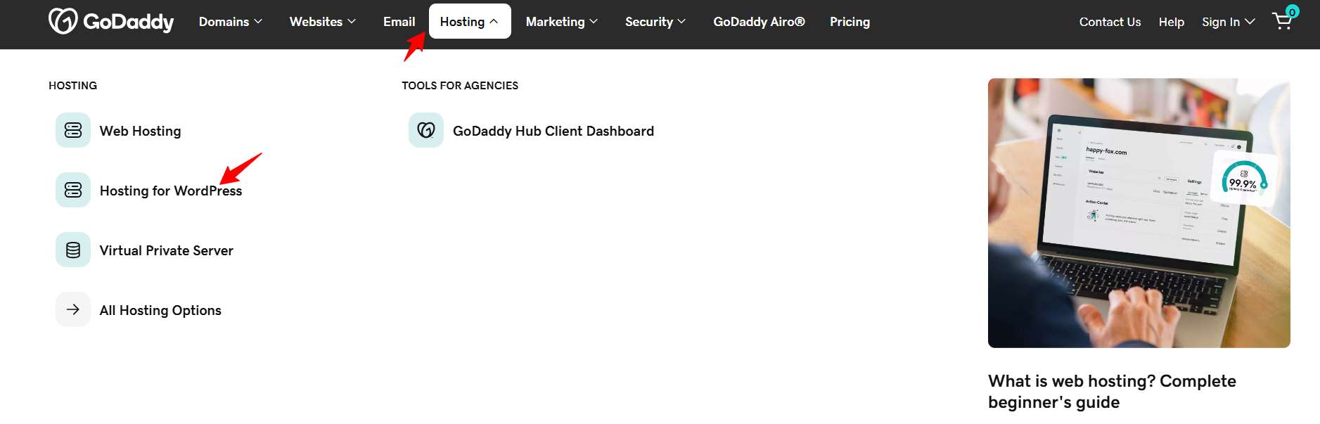 screenshot of GoDaddy website Hosting for WordPress button