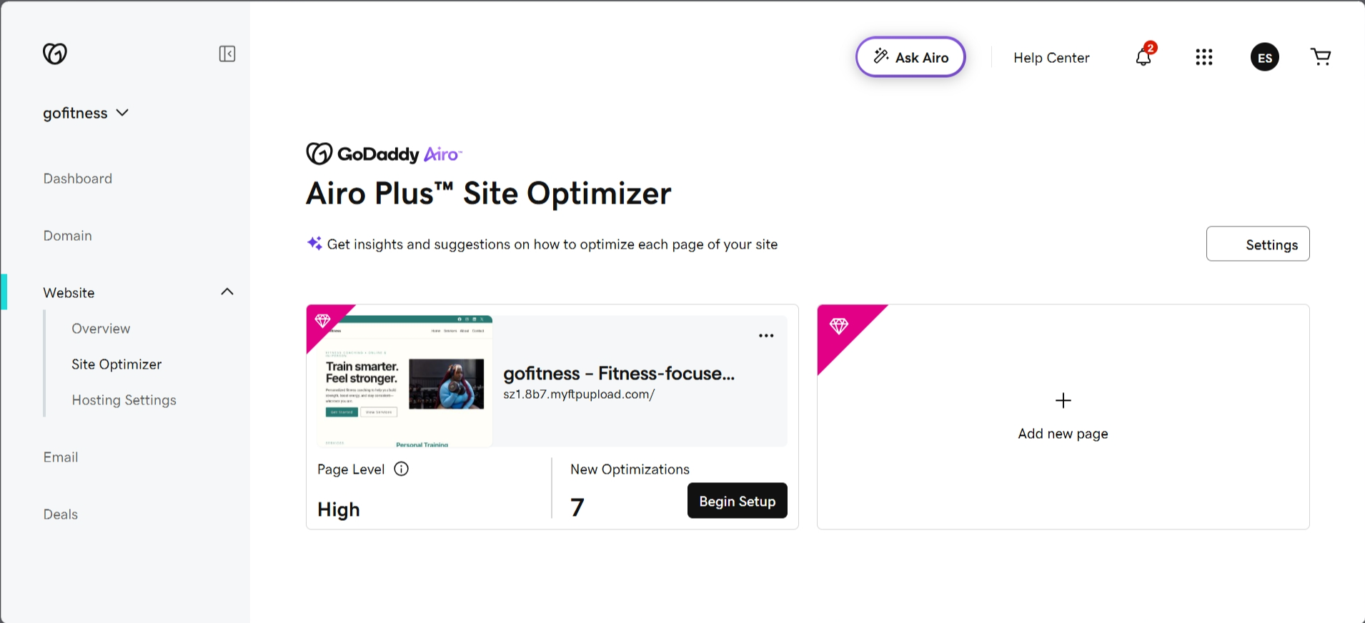 screenshot of GoDaddy Airo Plus™ Site Optimizer