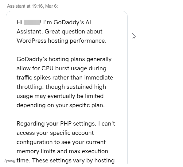 screenshot of GoDaddy Live Chat Conversation