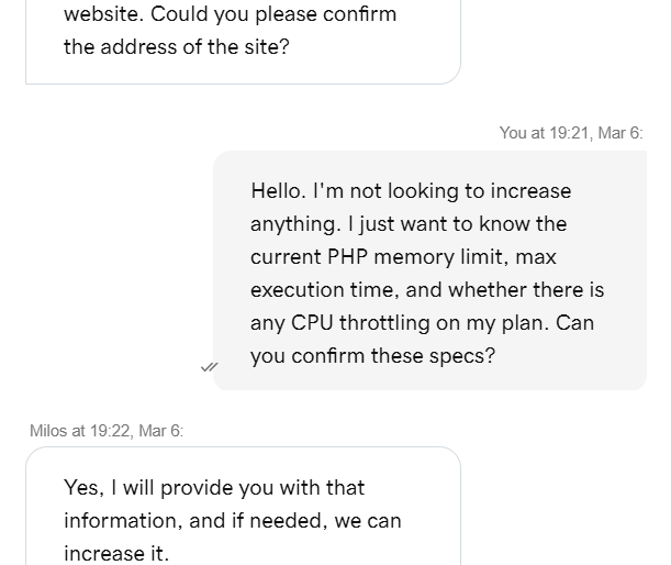 screenshot of GoDaddy Live Chat Conversation
