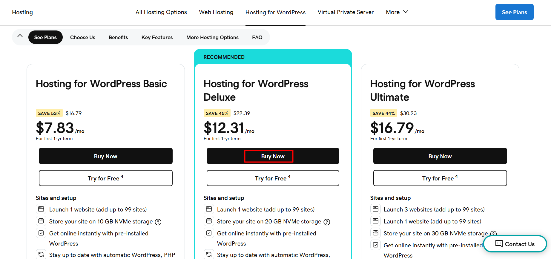 screenshot of GoDaddy WordPress Hosting plans