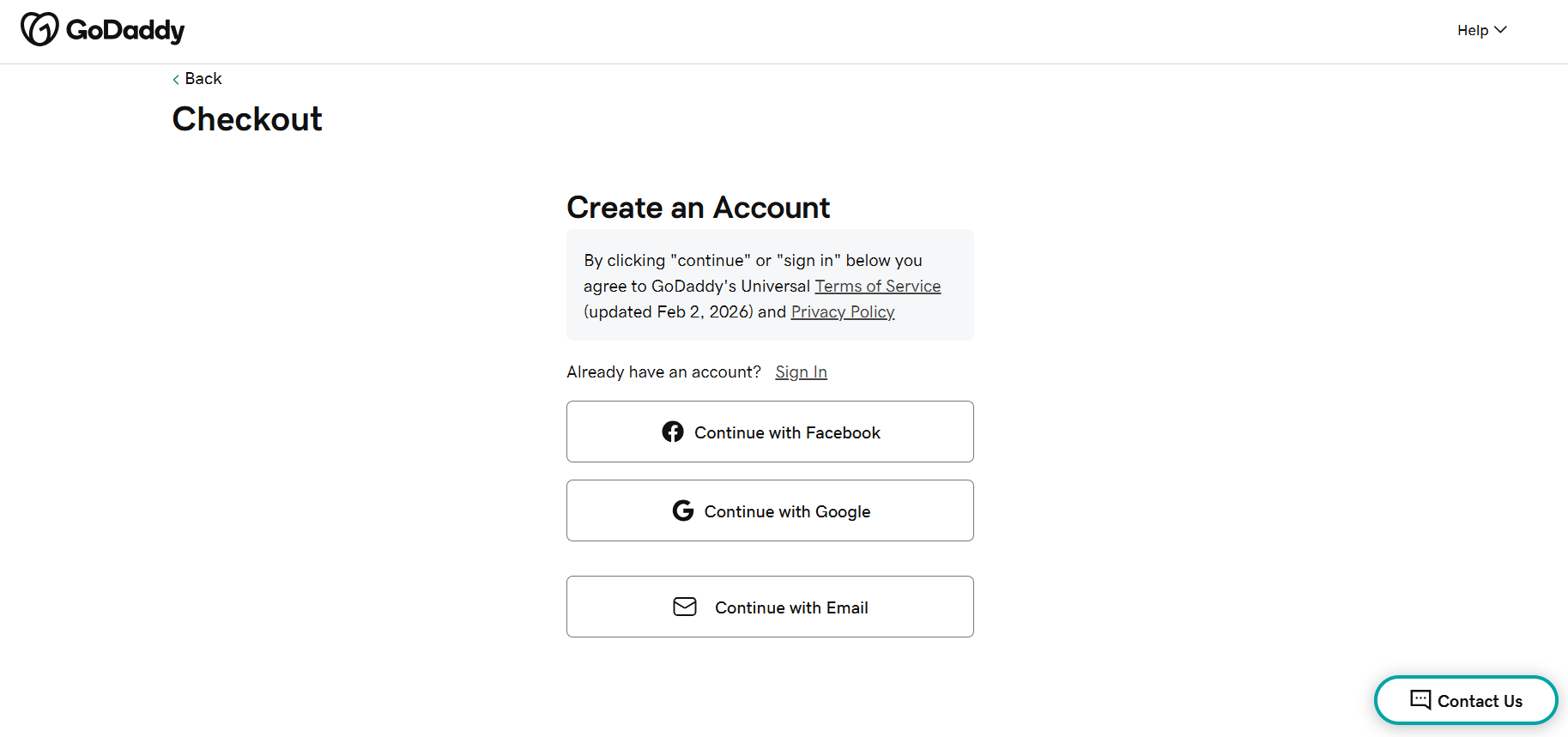 screenshot of GoDaddy Checkout page
