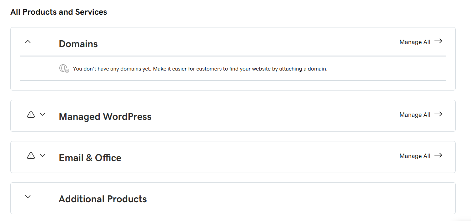screenshot of GoDaddy All Products and Services page