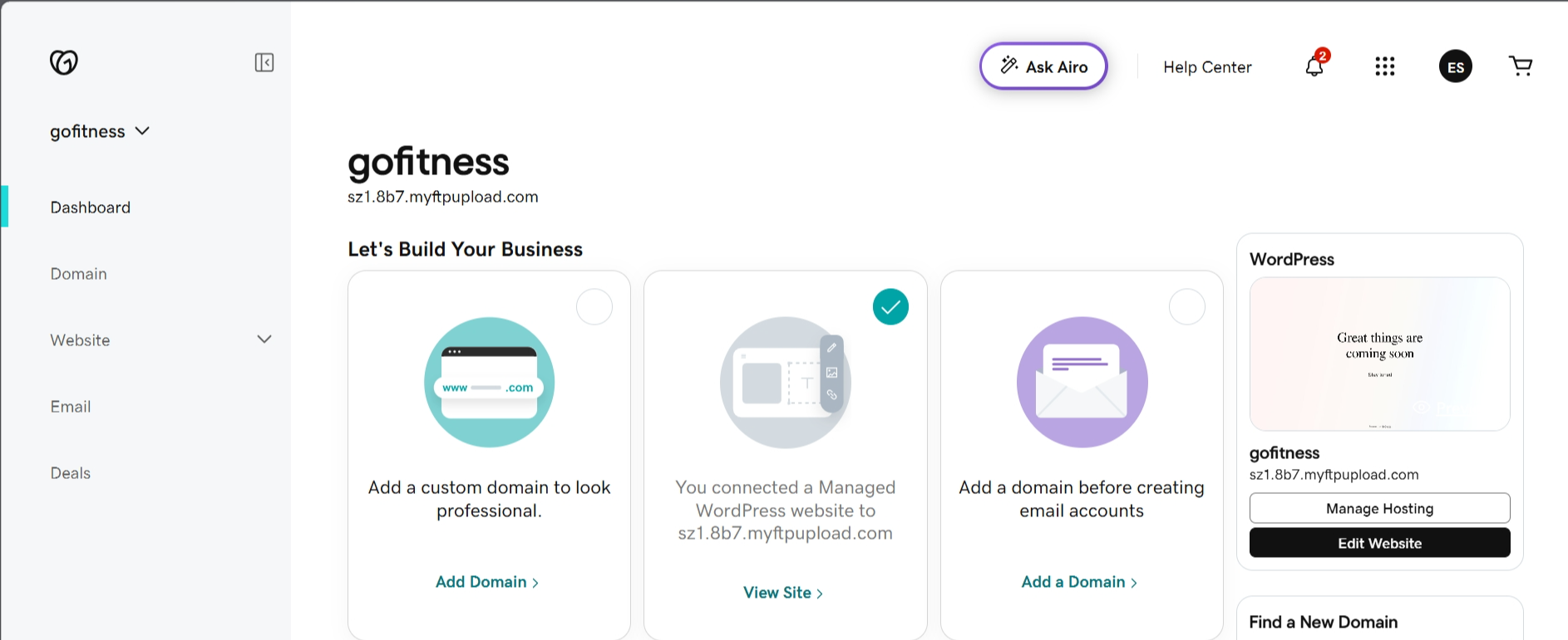 screenshot of GoDaddy website Dashboard