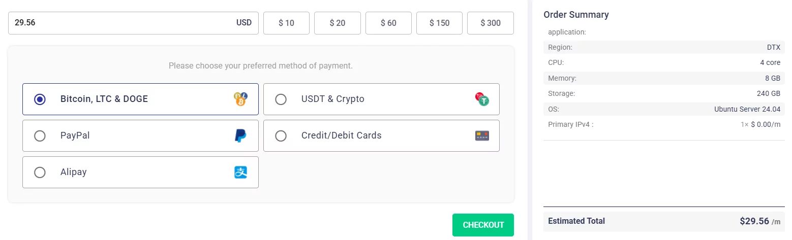 Cloudzy order summary and payment checkout page