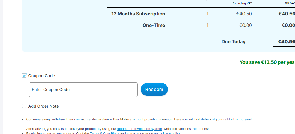 הזנת קוד קופון Contabo בתיבת Coupon Code בעמוד התשלום