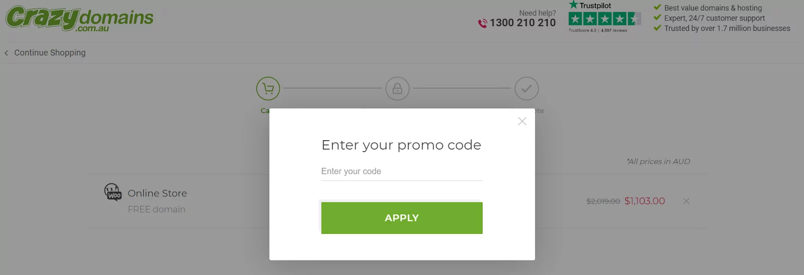 הזנת קוד קופון ולחיצה על Apply ב-Crazy Domains