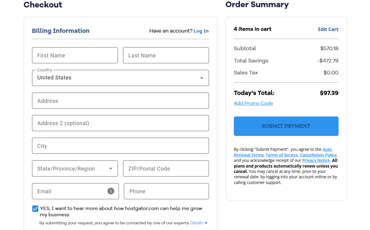עמוד התשלום של HostGator עם כפתור Continue to Checkout