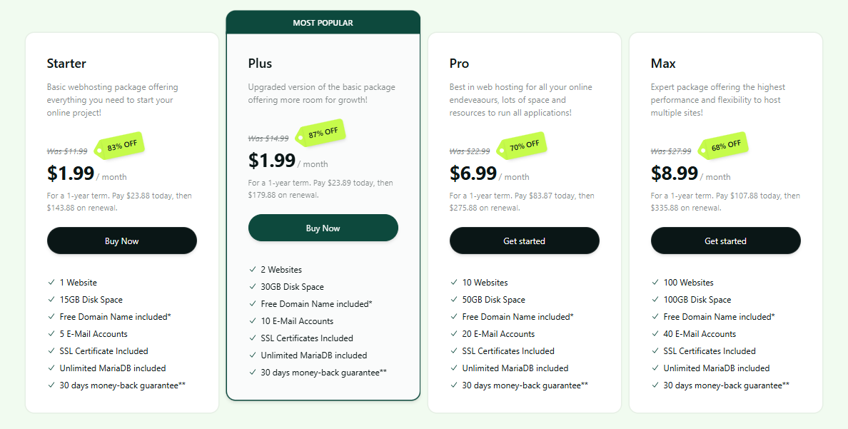 כפתור Buy Now ובחירת תוכנית אירוח ב-Hosting.com