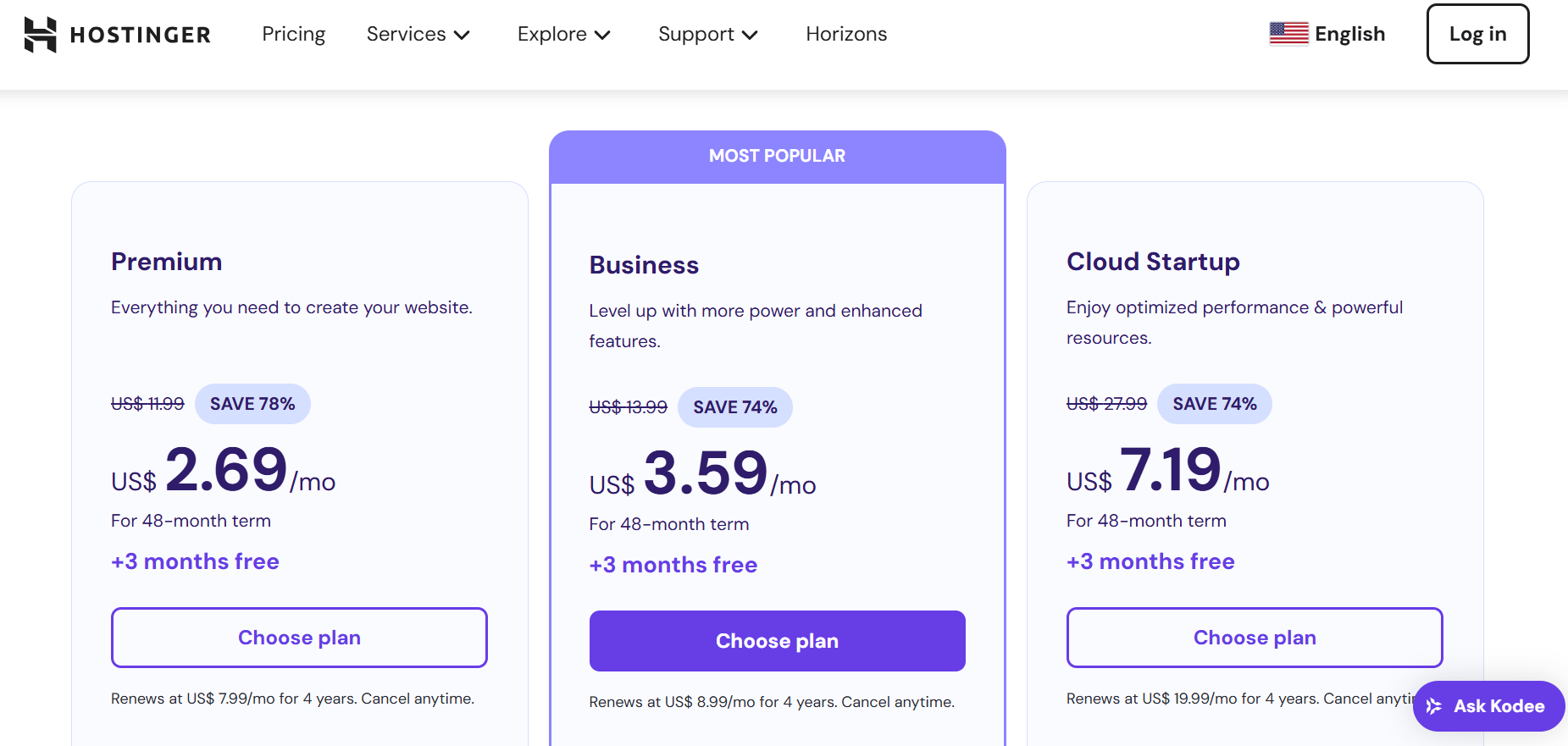 מסך בחירת תוכנית אירוח ב-Hostinger עם הכפתורים Add to Cart ו-Choose plan