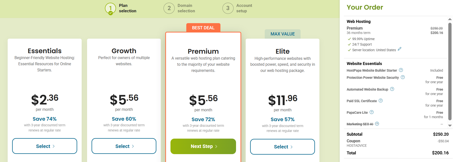 HostPapa plan selection and Next Step screen