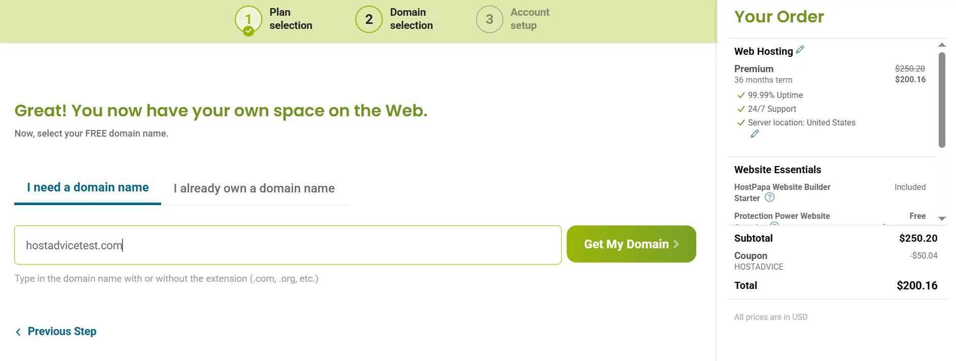 HostPapa domain registration or transfer step