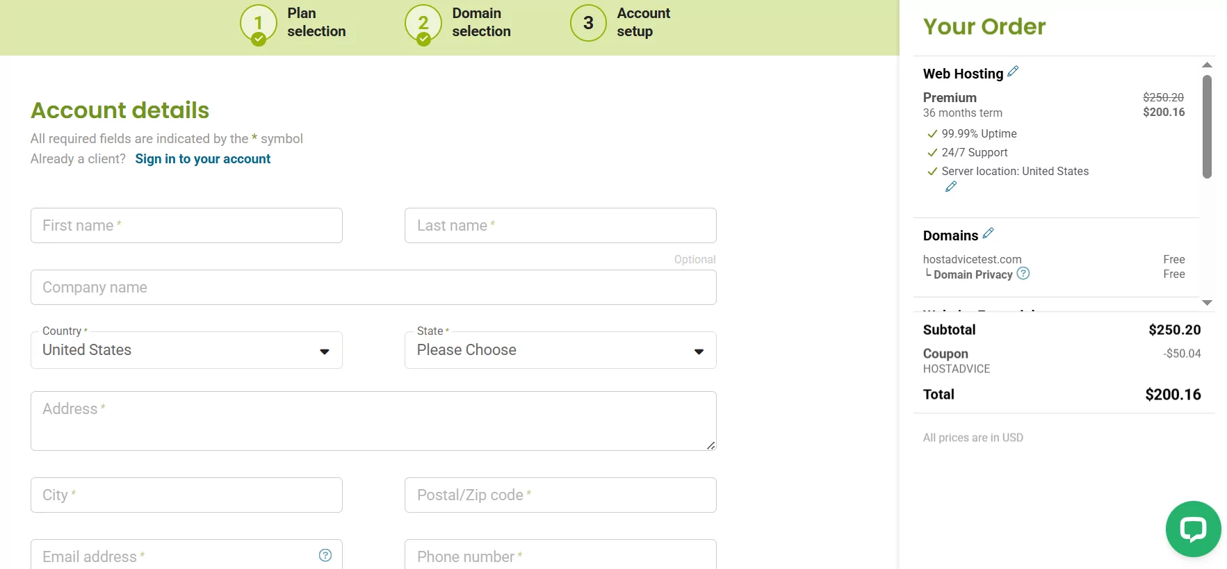 HostPapa account creation and personal details form