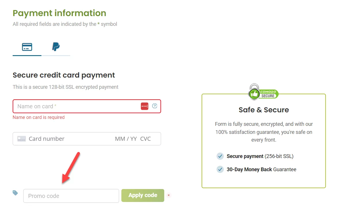 HostPapa promo code box and Apply Code button