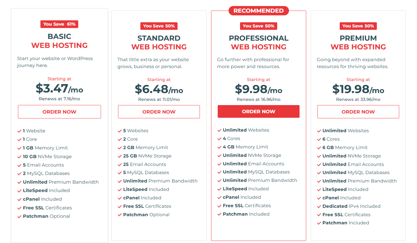 דף תוכניות התמחור של KnownHost עם כפתור Order Now
