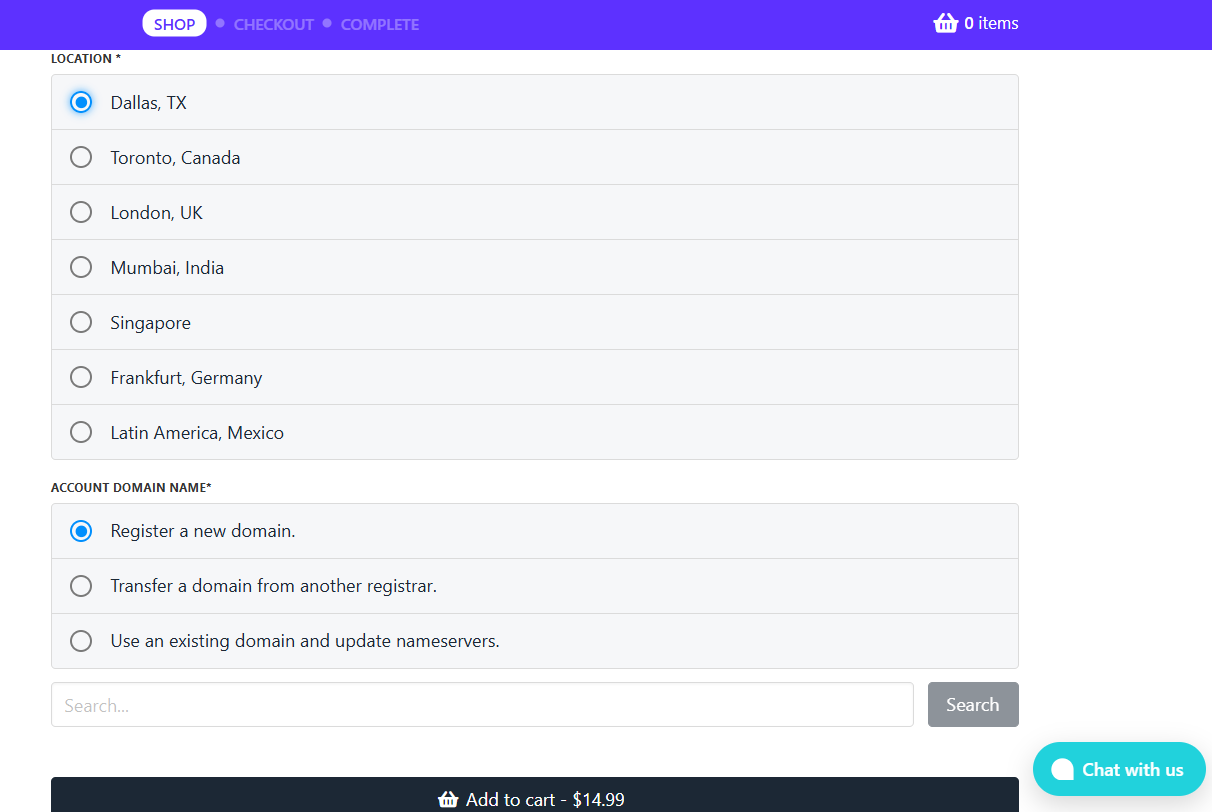 Mochahost domain setup page with Add to cart button