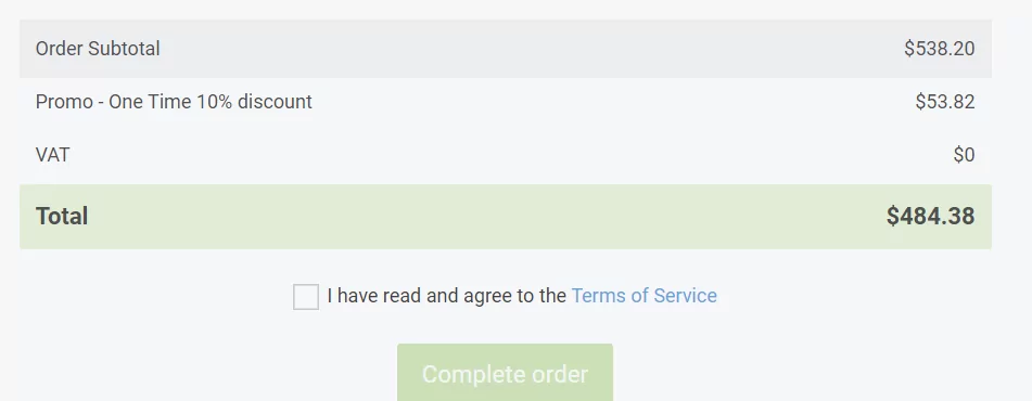 עמוד תשלום של ScalaHosting עם מחיר מוזל אוטומטית וכפתור Complete Order
