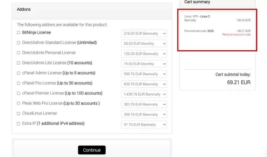 צילום מסך של אזור Cart Summary והזנת קוד קופון ב-Time4VPS