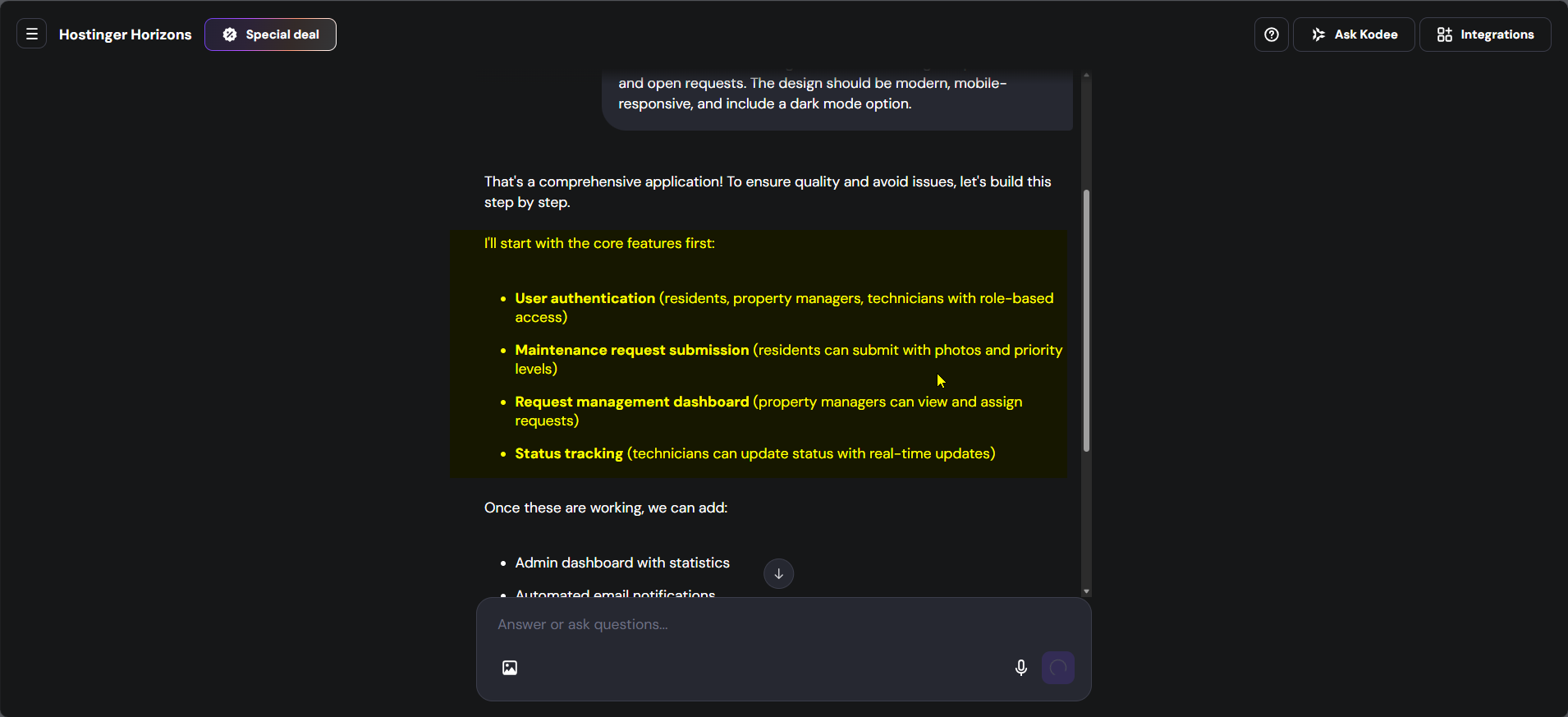 screenshot of Hostinger Horizons AI chat conversation
