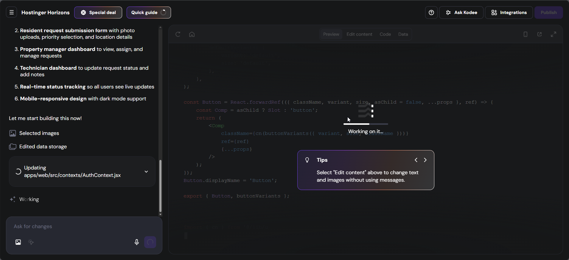 screenshot of Hostinger Horizons Tips