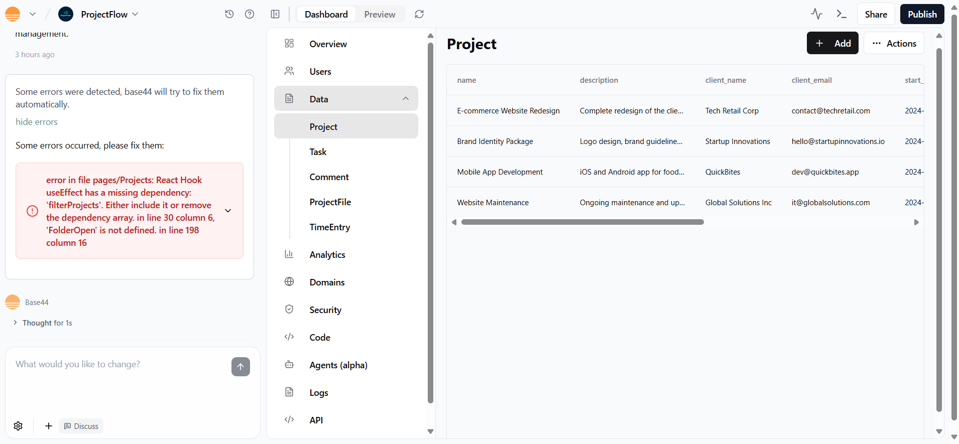 screenshot of Base44 Project page