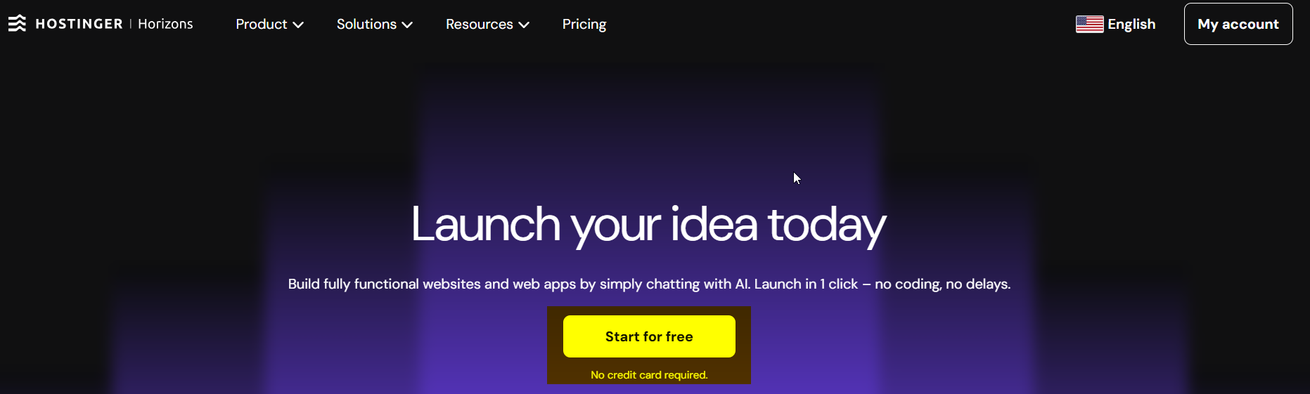screenshot of Hostinger Horizons website 'Start for free' button